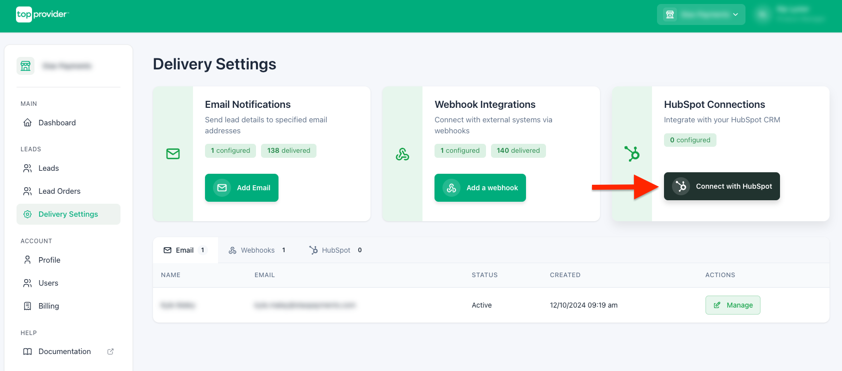 Connect with HubSpot button in the Top Provider interface