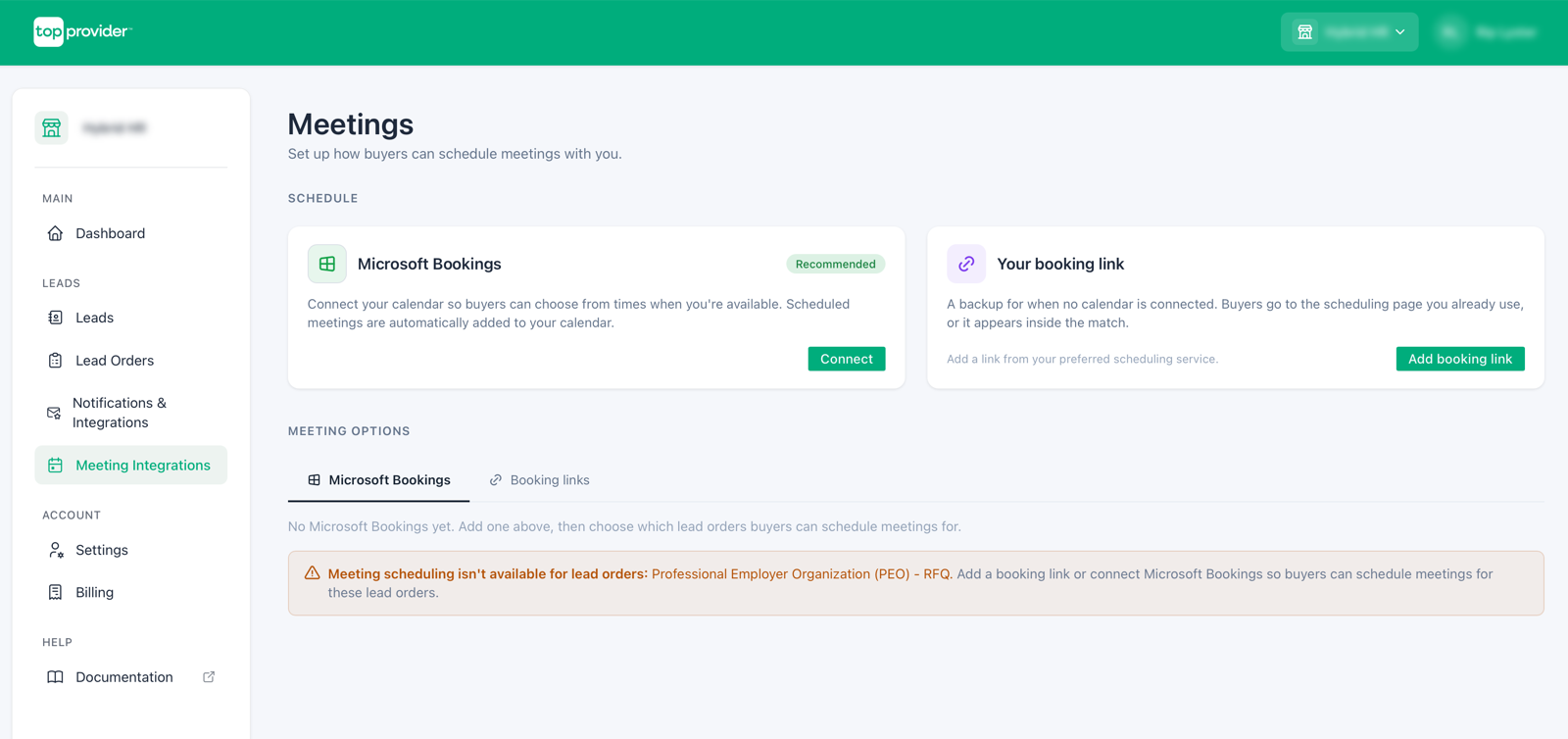 Meetings page with the Microsoft Bookings connect option