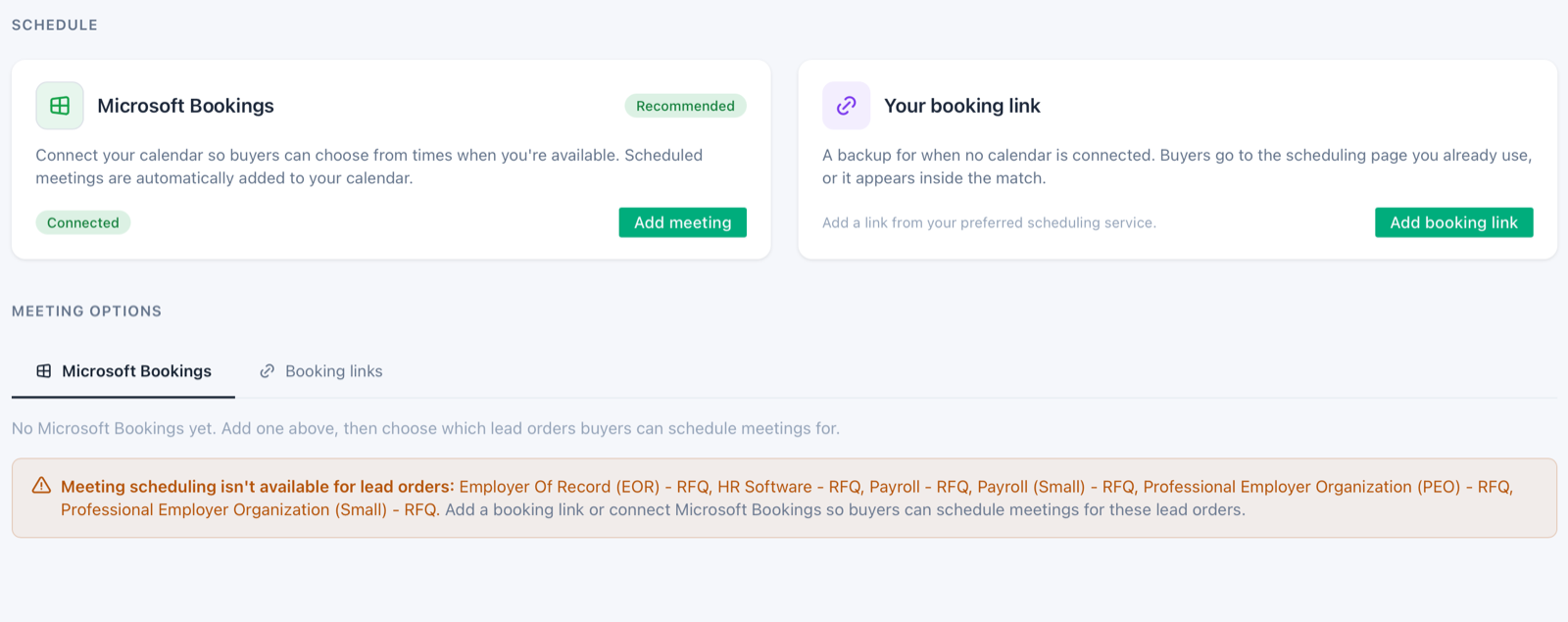 Microsoft Bookings card once connected