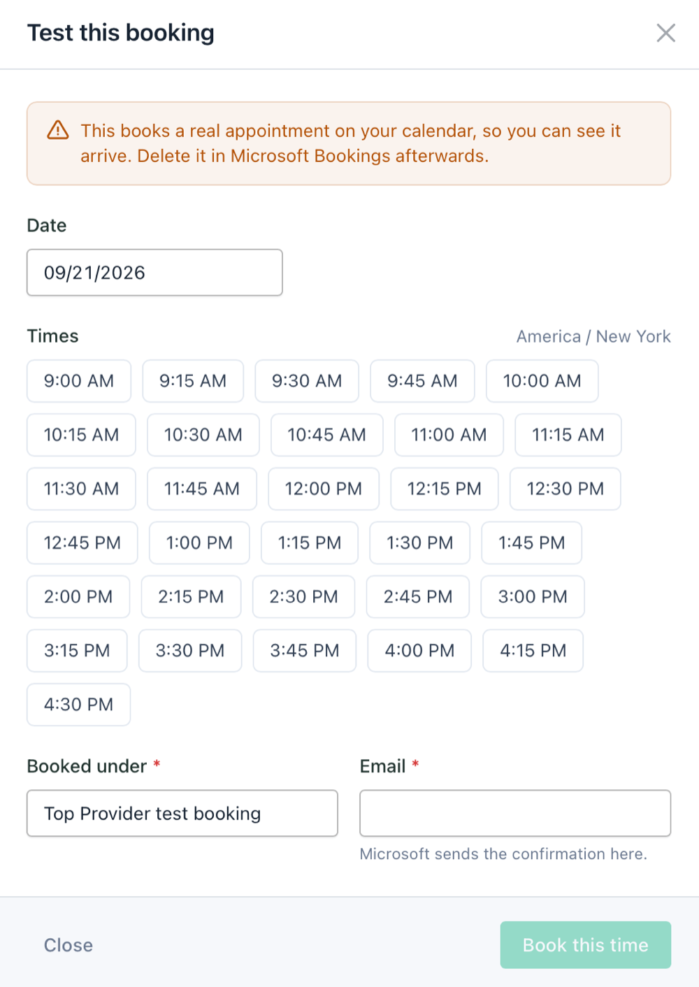 The test booking modal