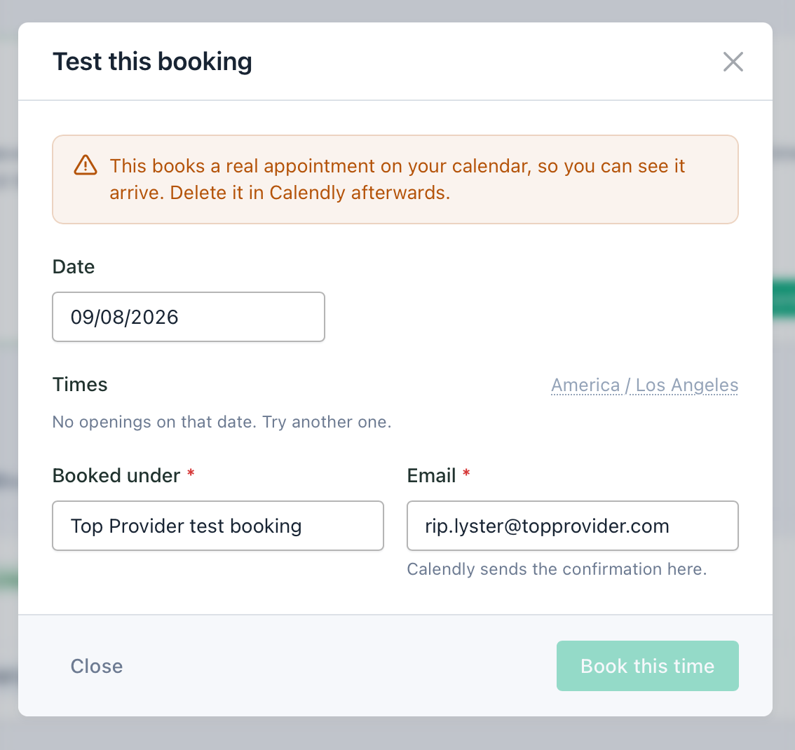 The test booking modal